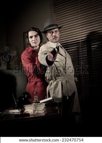 Brave detective pointing a gun and young scared woman hiding behind him, 1950s film noir style.