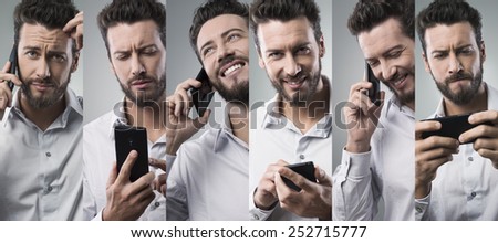 Businessman having a phone call with his smart phone, photo collage with different facial expressions