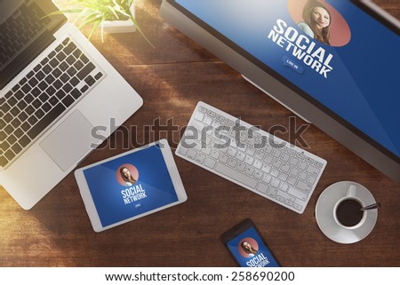 Social network user profile mock up on computer screen, tablet and smartphone