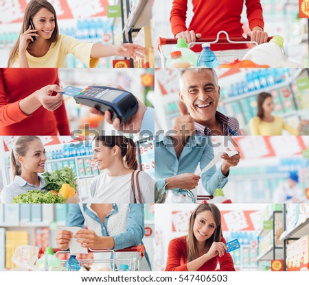 Smiling people at the store, customers doing grocery shopping and supermarket clerks, picture collage