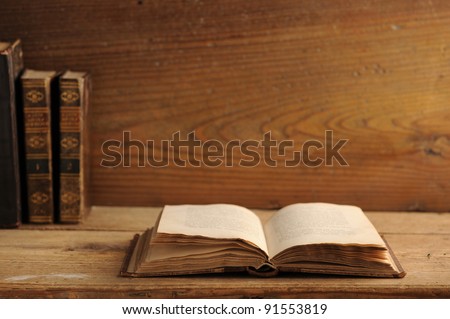 old book open on a wooden table