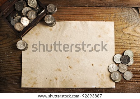 old paper background texture wiyh Treasure chest and old coins