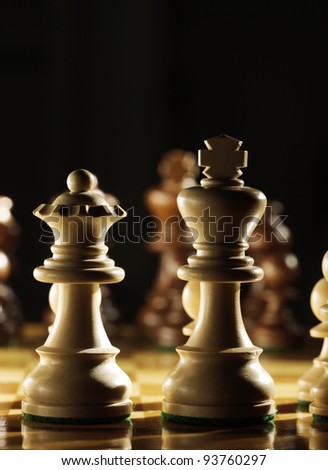 View from behind the white king and queen  on a chess board