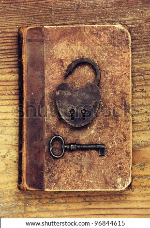 Antique Padlock with key on old book