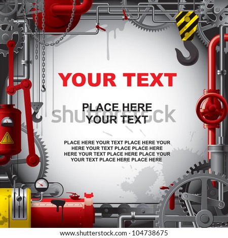 Vector engineering background with gears levers pipes meters production line flue and lifting crane Vector engineering background with gears levers pipes meters production line flue and lifting crane