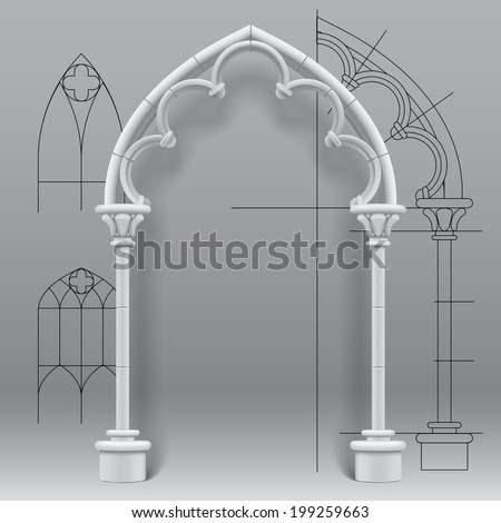 Vector image of the gothic arch against a paper background with architectural draft
