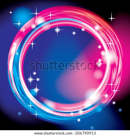 Shining background of the ring with swirling multicolored lights and stars