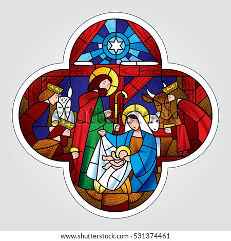 Cross shape with the Christmas and Adoration of the Magi scene in stained glass style. Vector illustration