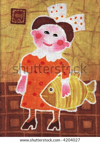 Image of my batik artwork with a standing girl with a fish