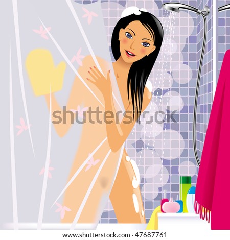  of vector image of beautiful attractive naked girl taking a shower