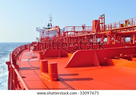 Pipes on the deck of the tanker crude oil ship