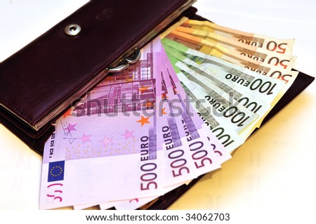 Euro banknotes in a wallet, different values, cash