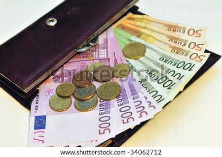 Euro banknotes in a wallet, different values, cash