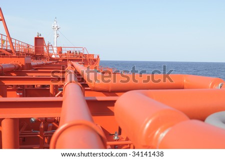 Pipes on the deck of the tanker crude oil ship