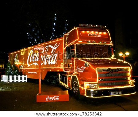 Holidays are coming. Coca-cola Christmas Truck visits Preston, Lancashire, UK. Preston, Lancashire, UK. 24/11/2013