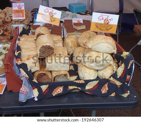 Chorley, Lancashire, UK. 11th May 2014. Pies on display at the first ever food festival to be held in Chorley.