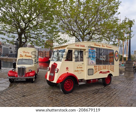 Old ice cream vans at Liverpool water front, Liverpool, Merseyside, UK. May 12th 2014