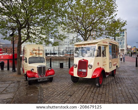 Old ice cream vans at Liverpool water front, Liverpool, Merseyside, UK. May 12th 2014