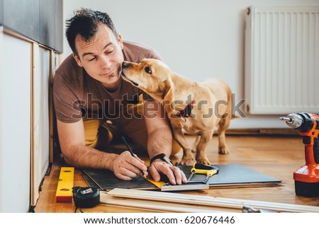 Man doing renovation work at home together with his small yellow dog
