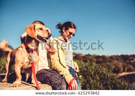 Small yellow dog and family enjoying together outdoors