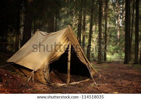 old tent in the autumn forest, home for adventure and travel