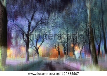 blurred landscape, Christmas magic park, forest with lanterns, magic forest