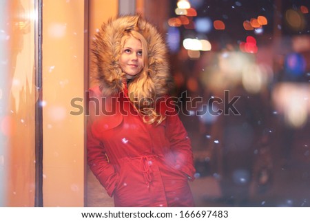 girl fashion night city lights snow purchase sales
