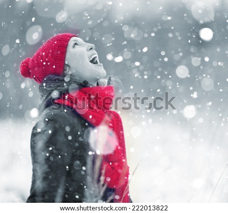 portrait of a girl who catches snowflakes mouth portrait snow christmas