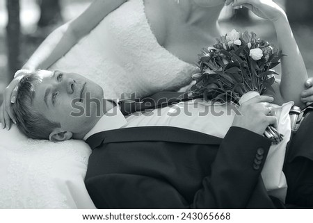 monochrome black and white photo of the wedding the bride and groom portrait