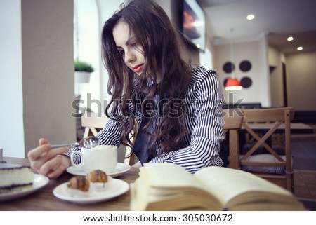 young girl in the cafe, book, reading, coffee