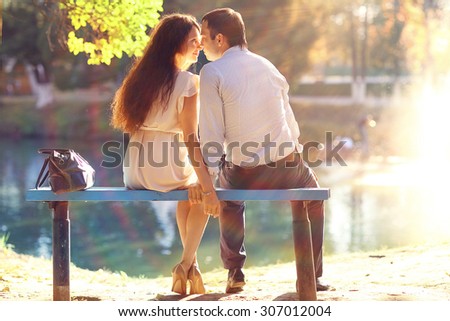 Young couple on a walk in the city of love story