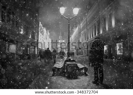 snow swept landscape bench in the night city