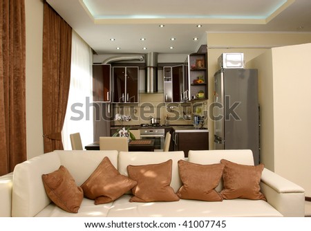 modern interior against kitchen furniture with sun light reflections