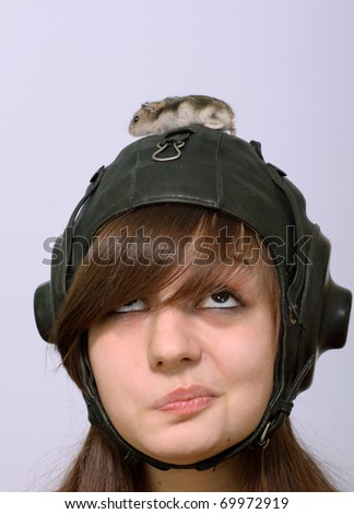 Young Teen Girl In Pilot Helmet And Hamster On It Stock Photo 69972919 