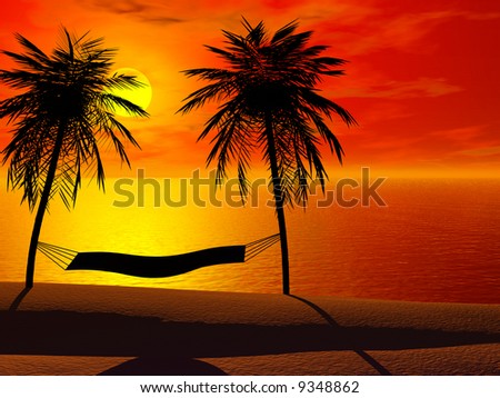 Sunset Beaches With Palm Trees. two palm trees in sunset.