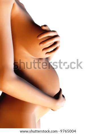 stock photo A naked pregnant woman holding one hand over her stomach and