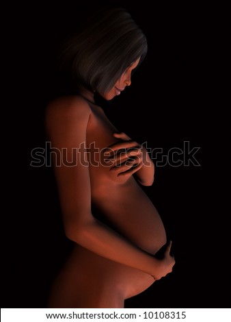 stock photo A naked african american pregnant woman holding one hand over 