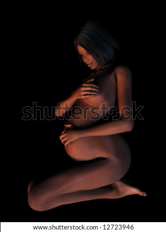 stock photo A naked african american pregnant woman sitting on the floor 