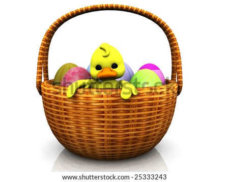 cartoon easter eggs in a basket. stock photo : A cute cartoon chicken in an easter basket full of eggs.