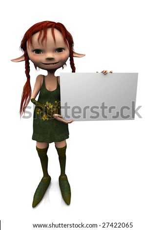 stock photo : A cute cartoon elf girl with red hair holding a blank sign.