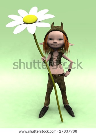 stock photo : A cute cartoon elf boy with red hair holding a big flower.