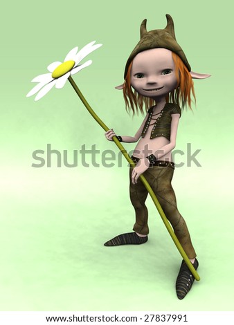 stock photo : A cute cartoon elf boy with red hair holding a big flower.