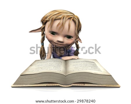stock photo : A cute cartoon elf girl with blonde hair reading a book.