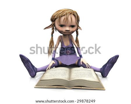 stock photo : A cute cartoon elf girl with blonde hair sitting on the floor