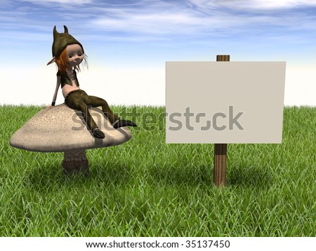 stock photo : A cute cartoon elf boy with red hair sitting on a big mushroom