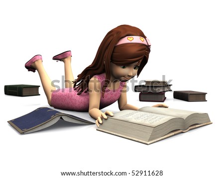  photo : A cute cartoon girl in pink dress lying on the floor and reading