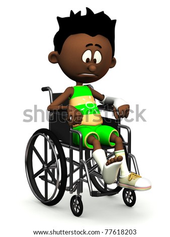 broken leg cartoon. stock photo : A black cartoon boy with a roken leg and arm sitting in a