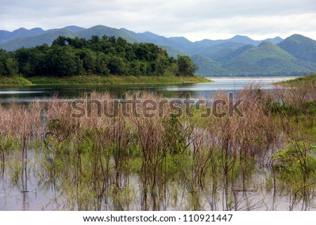 Mountain and  branch in reservoir of homogeneous earth dam, Phetchaburi province, Thailand
