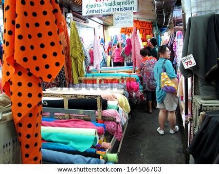 BANGKOK, THAILAND-NOVEMBER 16, 2013: Phahurat fabrics market, thousands of retail shop of Indian descent sell fabrics in every colour, shape and pattern, located in Bangkok, Thailand. November 16 2013