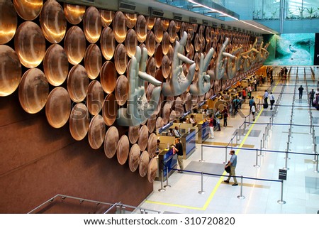 DELHI, INDIA- JULY 17, 2015: The nine mudras (hand gestures) designed at the entrance of the Terminal 3 complex at Indira Gandhi International Airport in Delhi, India. JULY 17 2015